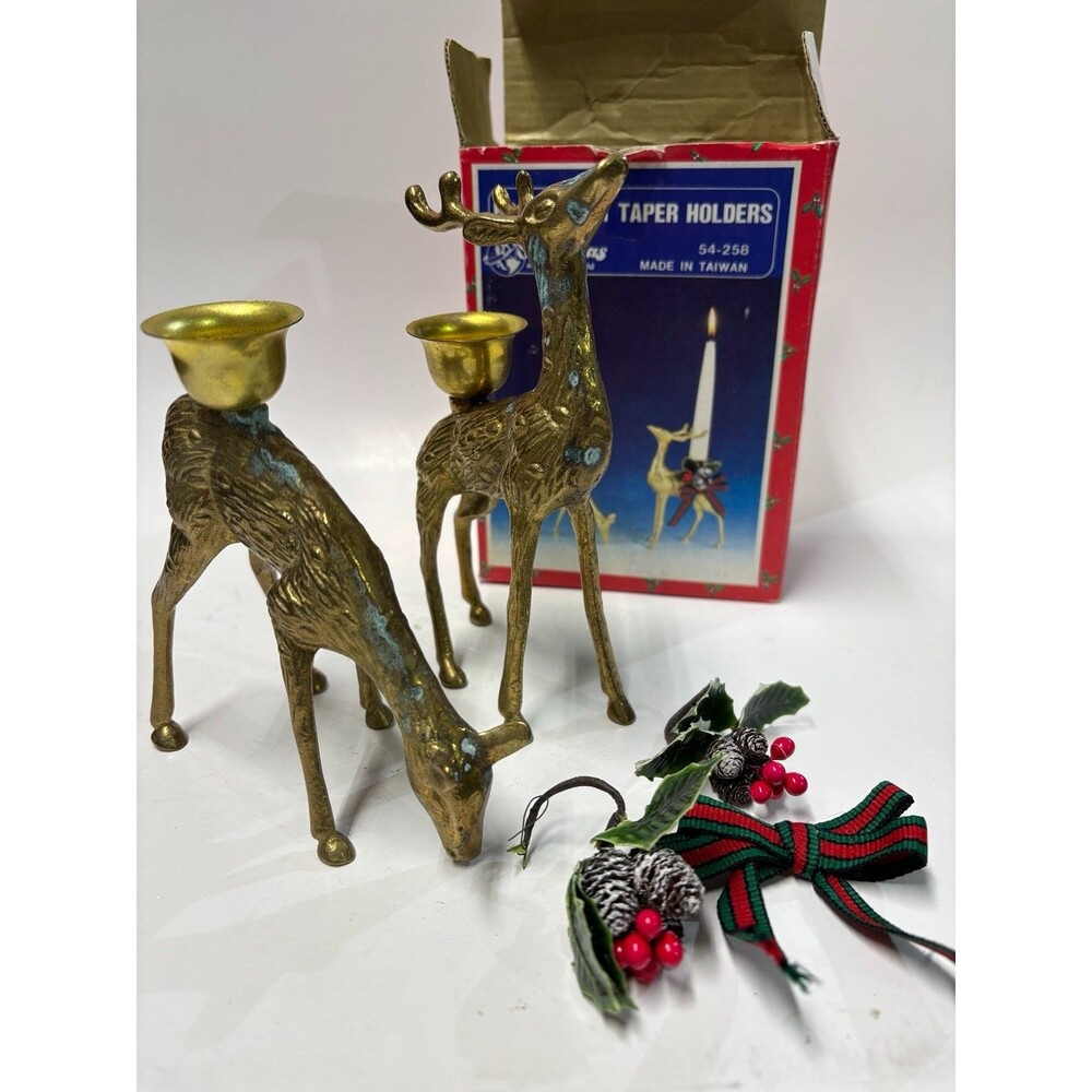 Vintage Brass Deer Taper Candle Holders Christmas Around the World Set of 2